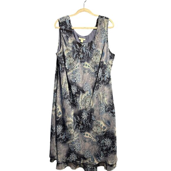 Dressbarn Woman Sleeveless Dress Size 20W Flowy Midi Blue Print Boho Sheer Layer - Picture 1 of 6